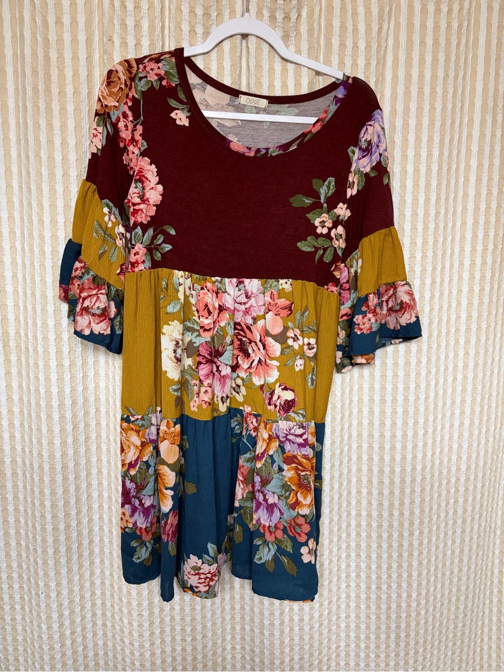 ODDY Floral Tiered Tunic in Burgundy, Mustard & Teal